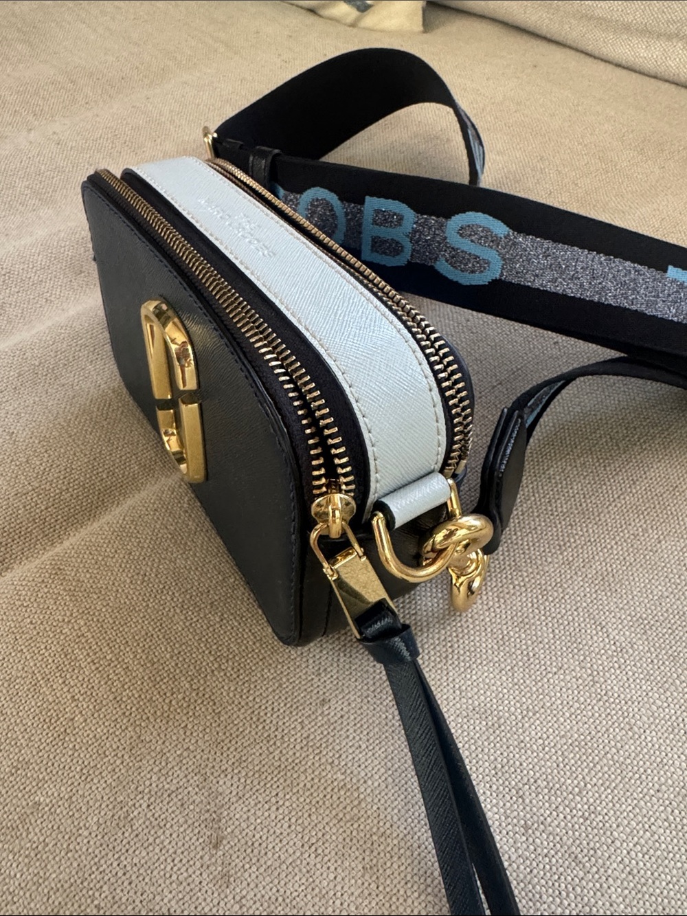 Marc Jacobs Navy Snapshot Bag with Branded Light Blue Strap - Picture 2 of 4